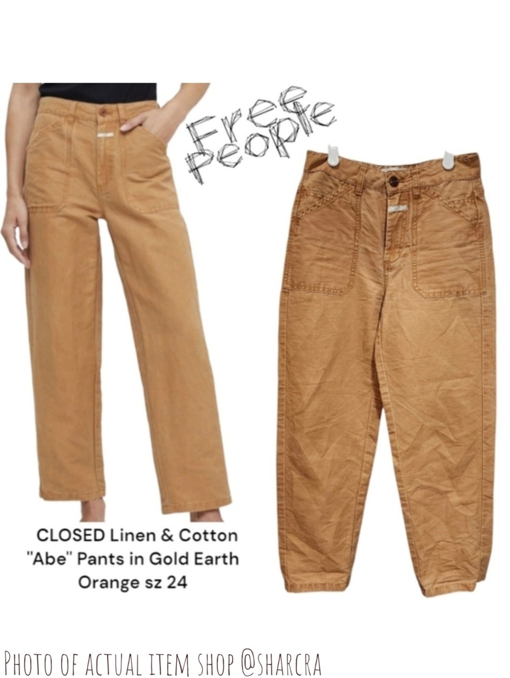 Free People CLOSED Women Linen Cotton ''Abe'' Pants C91963 Gold Earth Orange 24